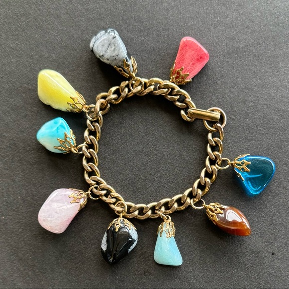 Vintage Grnstone Pebble Nugget Charm Bracelet Semi Precious Polish Stones - Picture 2 of 8